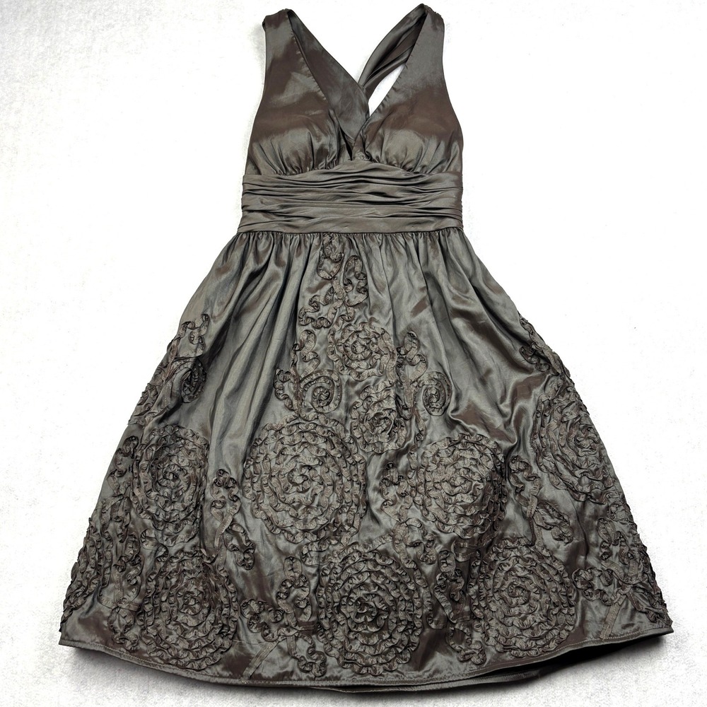 Adrianna Papell Boutique 8 Bronzed Pewter Taffeta Rosette Halter Cocktail Dress